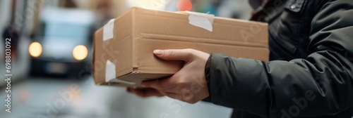 The hands of the delivery man carry the package to deliver. Delivery man's hand holding brown box, transport truck background Detail of a delivery man holding a labeled cardboard package. photo