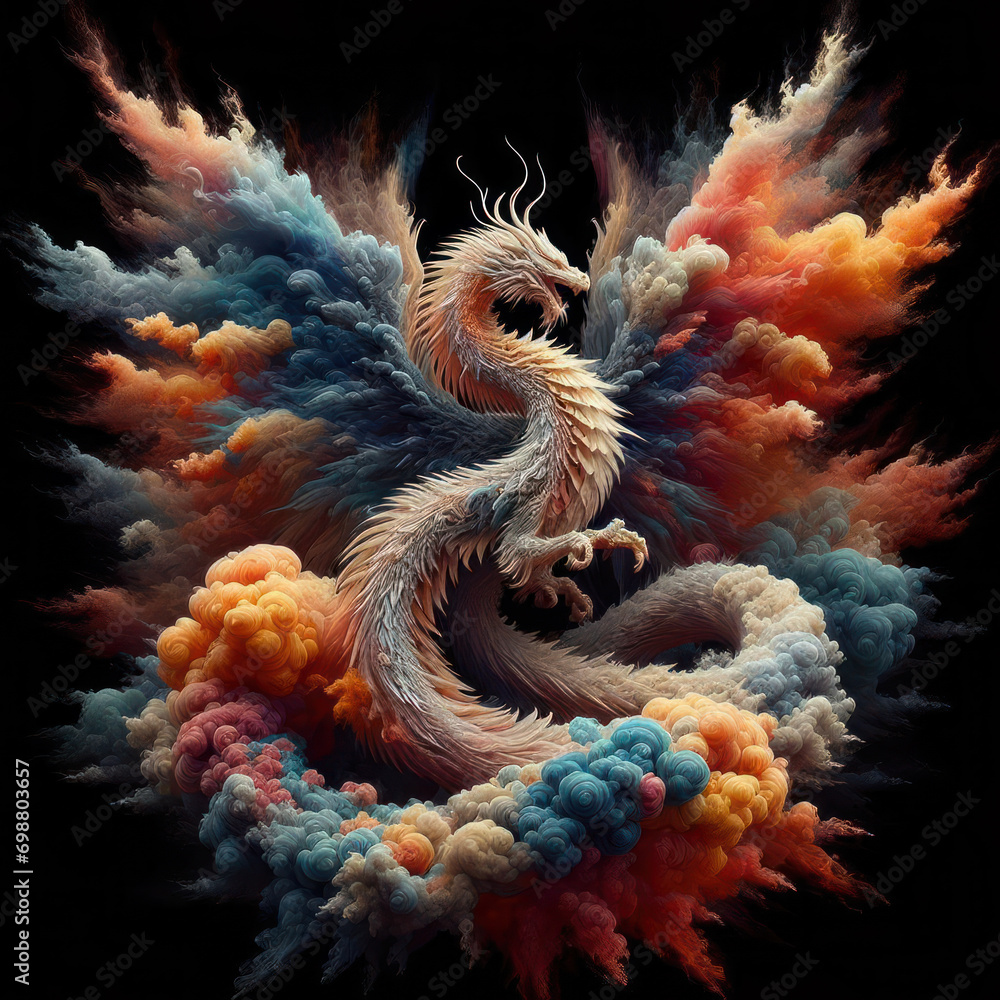 Obraz premium graphic image of a Chinese dragon in smoke rings of different colors, year of the dragon, traditions and history