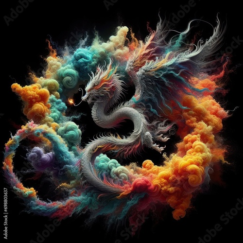 graphic image of a Chinese dragon in smoke rings of different colors, year of the dragon, traditions and history