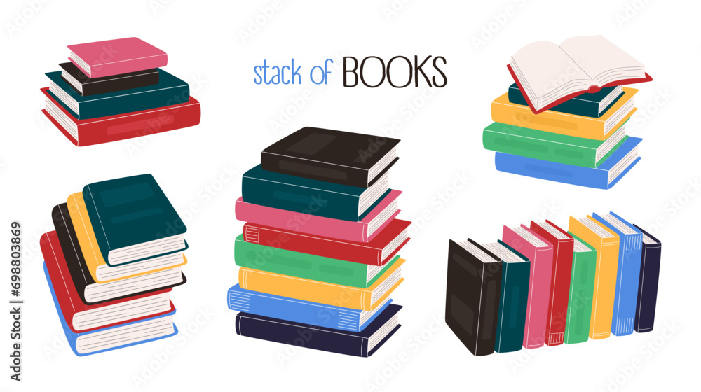 Stack of books. Hand drawn pile of books set. World book day. Knowledge and education concept. School textbooks, dictionaries, encyclopedias, literature. Library or bookstore. Flat Vector illustration Stack of books. Hand drawn pile of books set. World book day. Knowledge and education concept. School textbooks, dictionaries, encyclopedias, literature. Library or bookstore. Flat Vector illustration