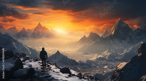 mountains covered snow person standing top mountain dreaming about faraway place video bright hopeful atmosphere lone distance travelers looking towards horizon front photo