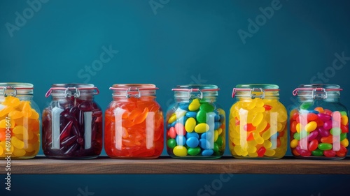 Assorted colorful candies in clear jars on a wooden shelf