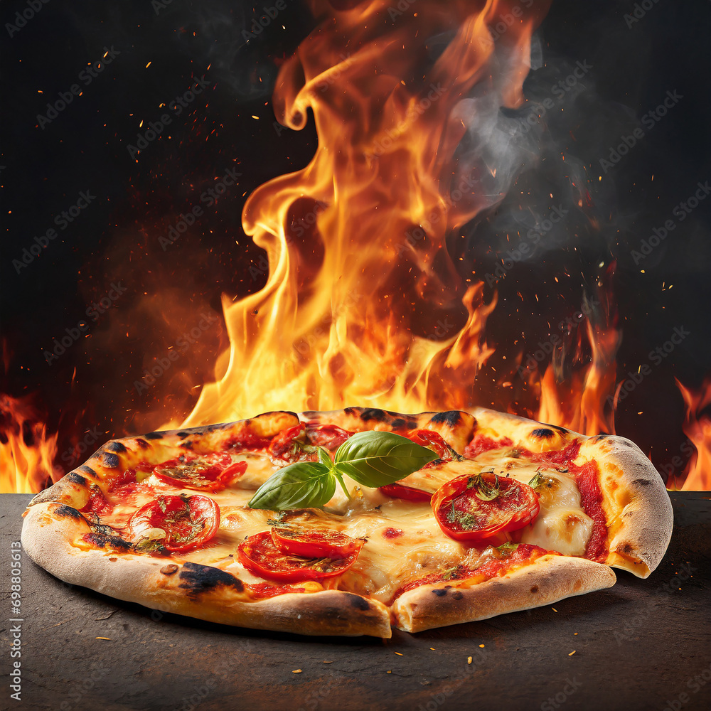 Italian pizza slice over fire flames with copy space