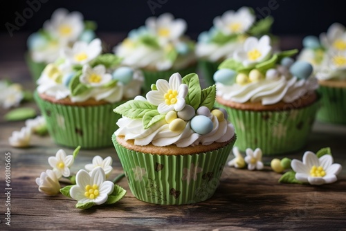 Beautiful Spring Flower Cupcakes on a Wooden Table
