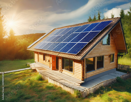 Private wooden house with blue shiny solar photovoltaic powered panels system.accumulate saving energy under sunlight