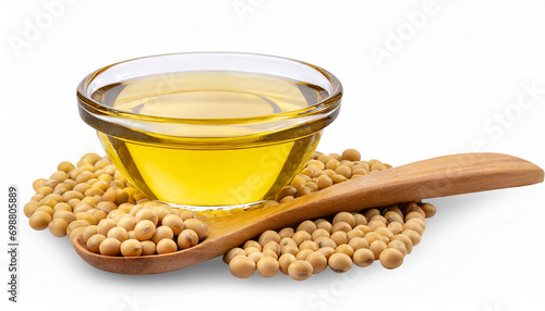 Soybean oil or vegetable cooking oil in glass bowl with wooden spoon isolated on white background with clipping path.