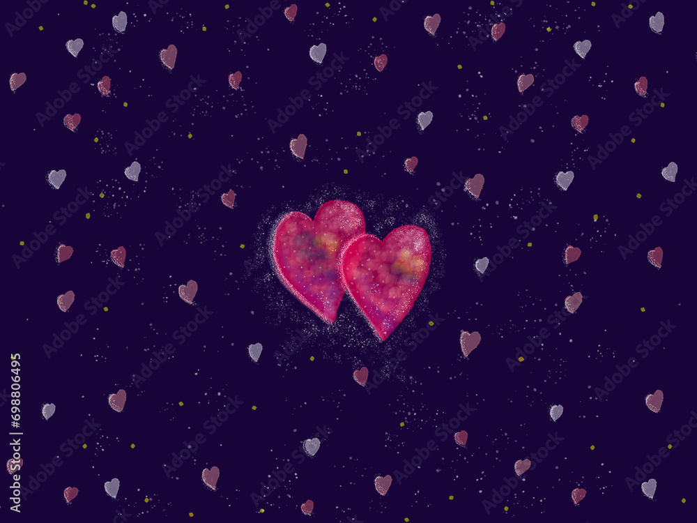 dos corazones brillantes en fondo color morado con texturas y colores. bandera web. para tarjeta, felicitaciones, aniversario.
