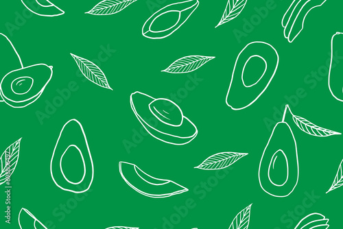  Seamless pattern of avocado, avocado pieces and avocado slices. Healthy food. Persea americana. Great for menu design, banners, sites, packaging. Doodle style.