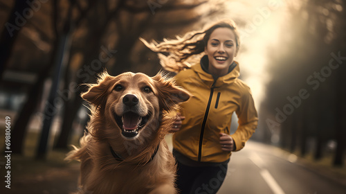 Photograph of a woman jogging with a golden retriever in the park, dog in front of her, a woman wearing a tracksuit. © Nawarit