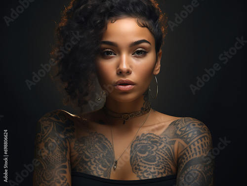 Retrato mujer joven, guapa y alternativa mestiza tatuada y mirada penetrante en fondo negro, alto contraste