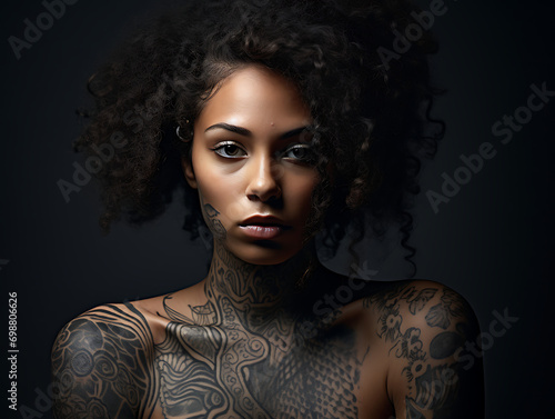 Retrato mujer joven, guapa y alternativa mestiza tatuada y mirada penetrante en fondo negro, alto contraste