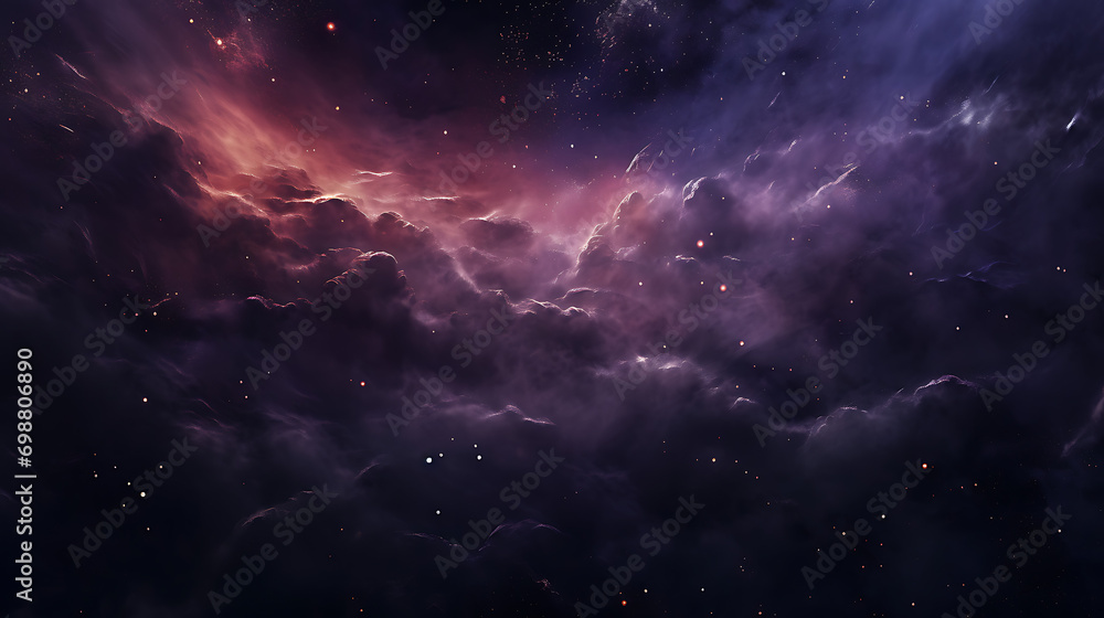 Ilustración panorámica de paisaje estrellado futurista con planetas, estrellas, auroras boreales y vía láctea - obrazy, fototapety, plakaty 