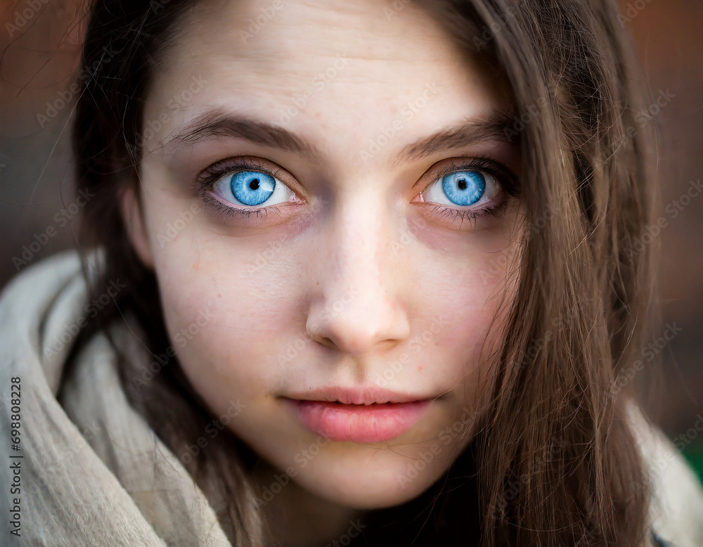 Beautiful blue eyes of poor, hungry girl. Poverty, misery, migrants, homeless people, war concept Beautiful blue eyes of poor, hungry girl. Poverty, misery, migrants, homeless people, war concept