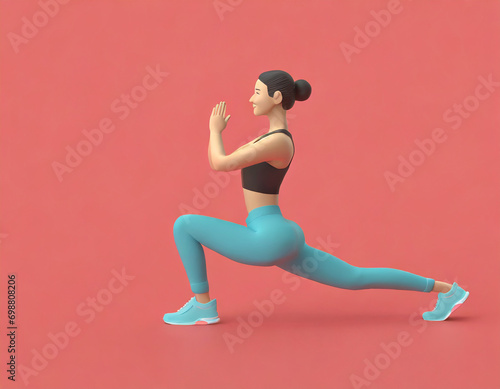 Beautiful strong slim cartoon character woman in black sportswear doing fitness stretch exercise over yellow background with copy space.