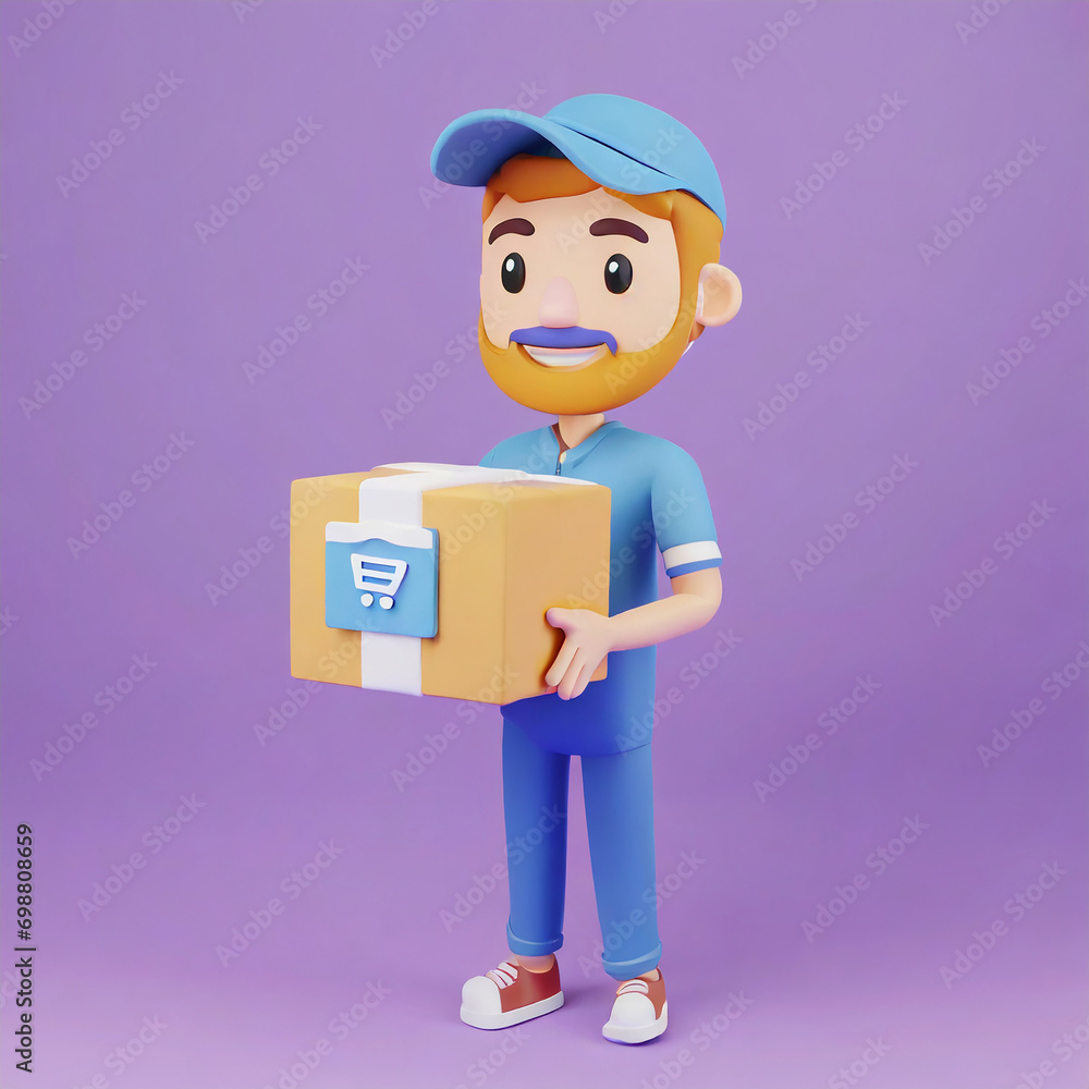 Cartoon beard character courier man in black form bring cardboard box over black background. Online shopping and delivery concept. Cartoon beard character courier man in black form bring cardboard box over black background. Online shopping and delivery concept.