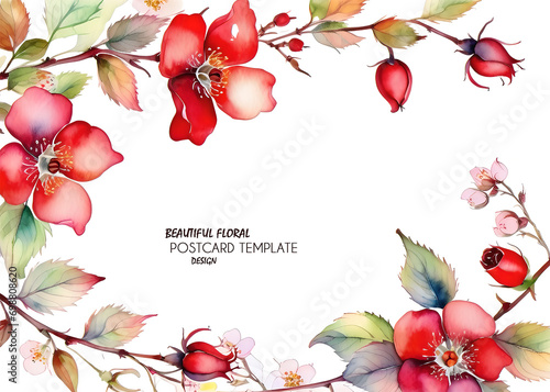 Watercolor flower frame on white background. Template for greeting or invitation .card or booklet design. Copy paste. Beautiful retro illustration. JPG..