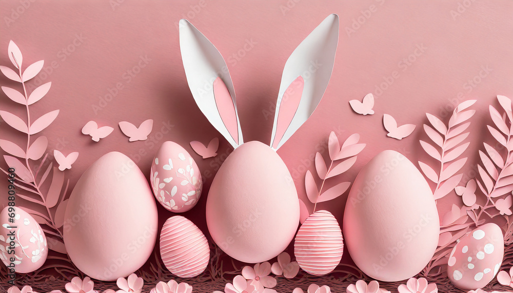 Easter eggs and bunny ears in monochrome pastel pink in papercut style with copy space