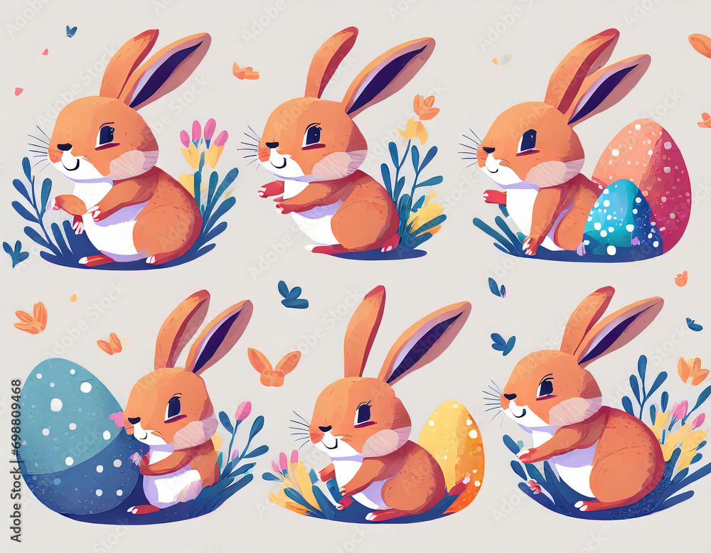 Easter bunny set. Collections of cute rabbit or hare character jumping, playing, sleeping and hunting easter eggs. Flat cartoon vector illustration isolated Easter bunny set. Collections of cute rabbit or hare character jumping, playing, sleeping and hunting easter eggs. Flat cartoon vector illustration isolated