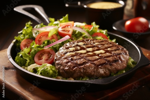 Delectable grilled juicy meat burger patty sizzling and searing to perfection on a hot pan