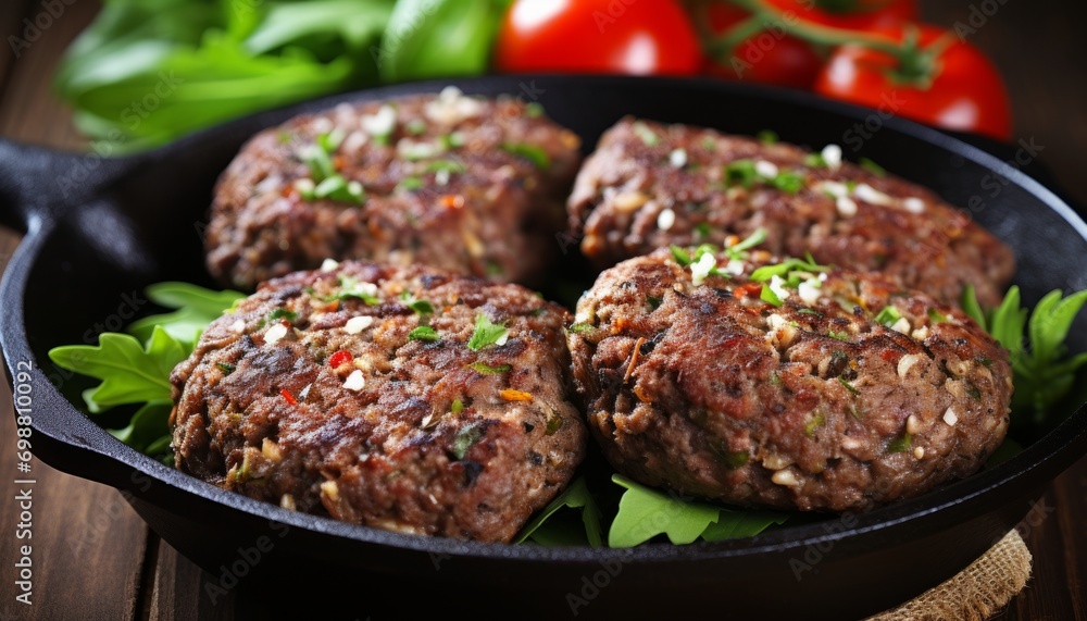 Irresistible grilled juicy meat burger patty sizzling and browning to perfection on a hot pan Irresistible grilled juicy meat burger patty sizzling and browning to perfection on a hot pan