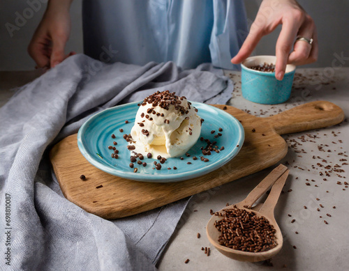 Ice cream on a blue plate with chocolate sprinkles on a table with gray textiles, next to a milkman on a wooden stand