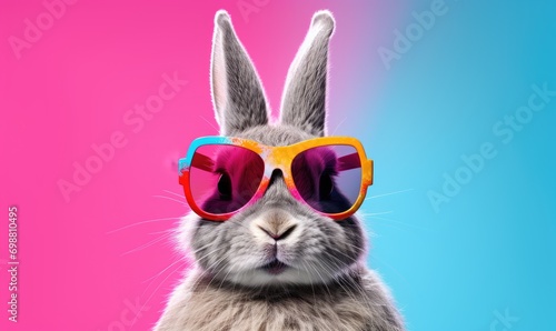 Cool Easter bunny with sunglasses on colorful background.