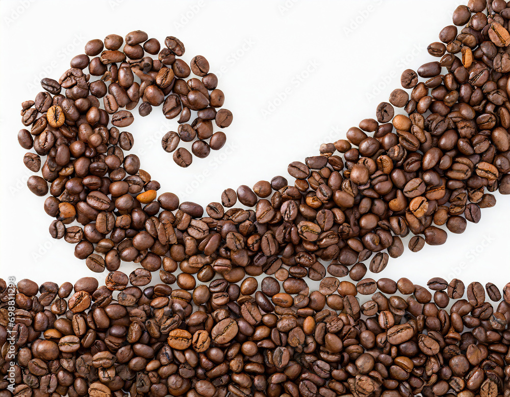 Scattered coffee beans in line on white Scattered coffee beans in line on white