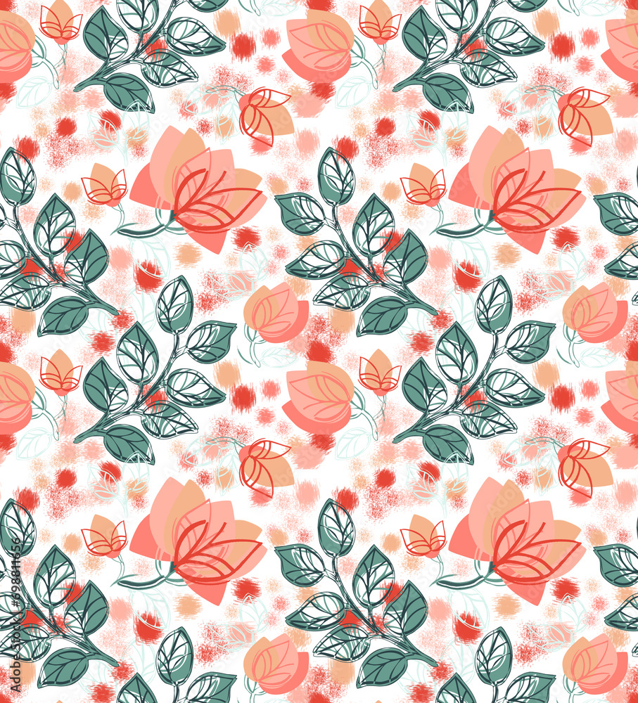 Peach Floral on White Seamless Pattern Peach Floral on White Seamless Pattern