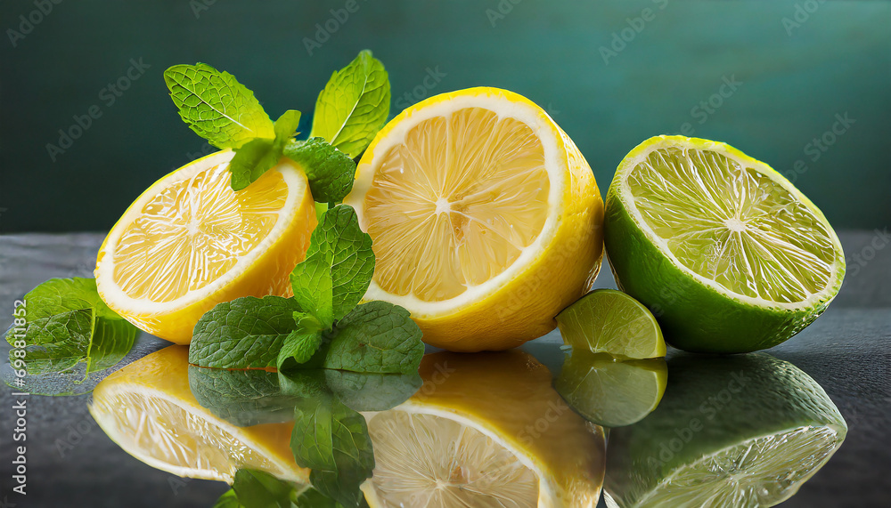 Three sliced lemons with limes with mint Three sliced lemons with limes with mint