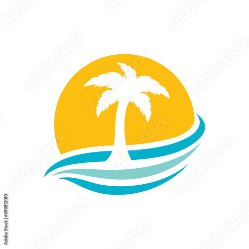 Beach and palm tree vector logo. Travel and tourism sign.