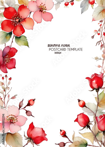 Template for designing a greeting or invitation card, booklet or poster for interior design. Free space for text. Copy - paste. Beautiful retro illustration with the image of rosehip flowers. JPG.