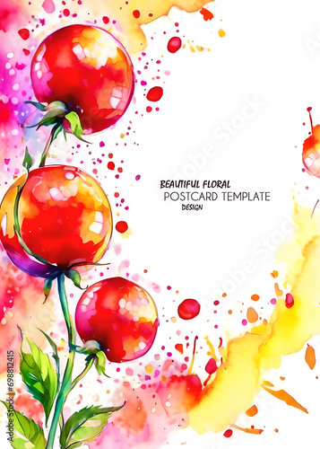 Template for a greeting or invitation card or booklet. Copy paste paste. Beautiful retro illustration with bright abstract round flowers. JPG.