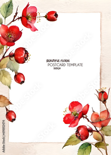 Watercolor flower frame on white background. Template for greeting or invitation