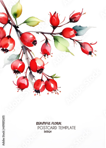 Template for a greeting or invitation card or booklet. Copy paste paste. Beautiful retro illustration with sprig of rosehip. JPG.