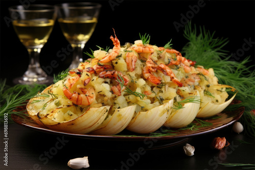 Fennel Stuffed with Shrimp on Potato-Saitling Brunoise