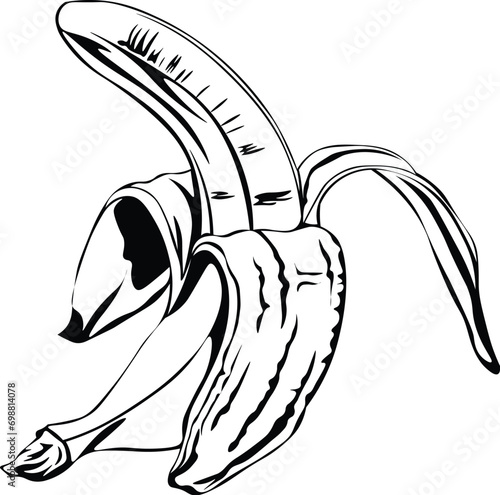 Cartoon Black and White Isolated Illustration Vector Of A Peeled Banana