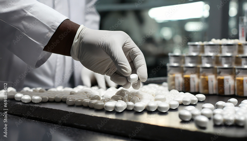 Laboratory worker's hand with white gloves. Pills during production and packing in the laboratory Laboratory worker's hand with white gloves. Pills during production and packing in the laboratory