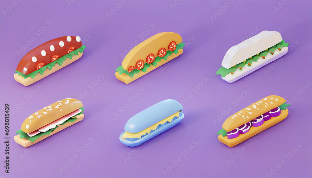 Set of isometric sandwiches with bread, ham, tomato, cheese, cucumber, onion, and lettuce. Fast food concept. Breakfast or lunch dish. Cartoon meal icon. Vector graphic design cuisine Set of isometric sandwiches with bread, ham, tomato, cheese, cucumber, onion, and lettuce. Fast food concept. Breakfast or lunch dish. Cartoon meal icon. Vector graphic design cuisine