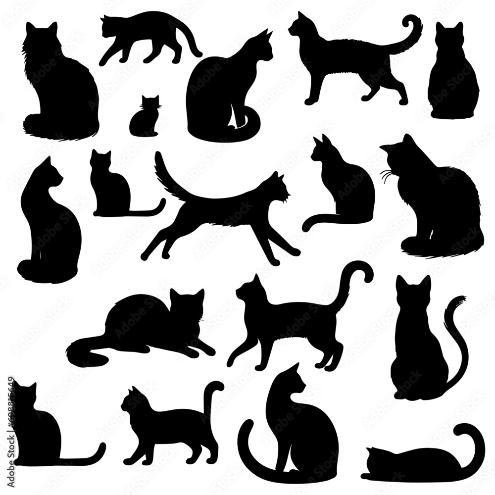 Vector illustration. Silhouettes of black cats. Set of animal stickers. Large set.