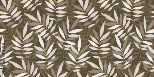 Leaves Seamless Vector Pattern. Watercolor Tropic Palm Leaves Background, Brown Jungle Print