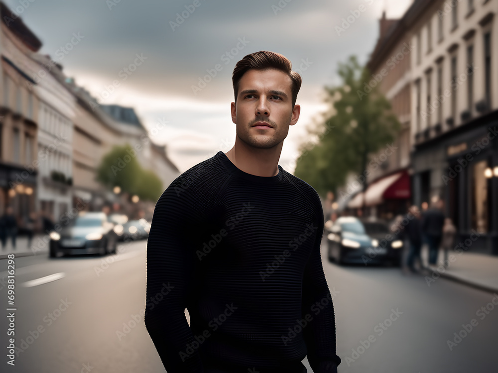 A handsome young man stands outside on an overcast day wearing a black sweater.