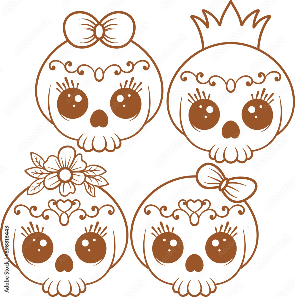 Obraz premium Vector set cute skull line art
