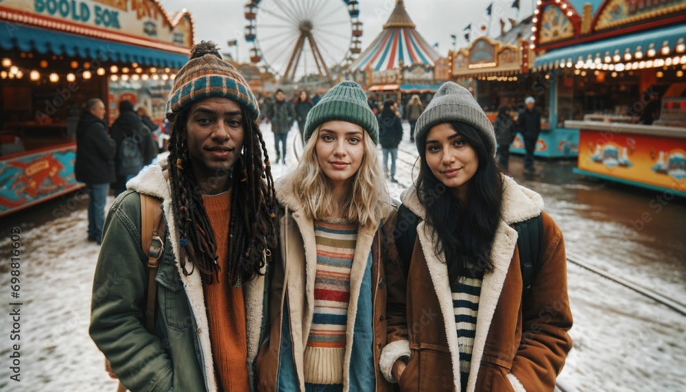 Group portrait of multiracial friends enjoying winter holidays, amusement park