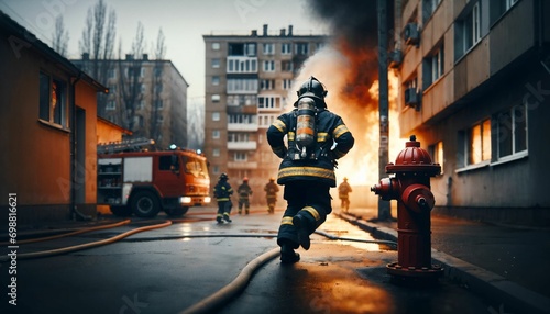 Fireman with fire flame in background - emergency situation, wearing firefighter suit for safety