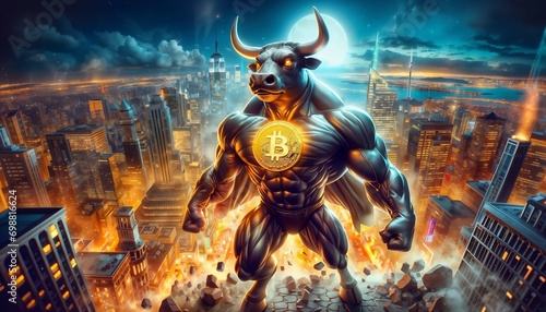 Bitcoin bull run - bullish portrait of bull with Bitcoin symbol, market concept photo