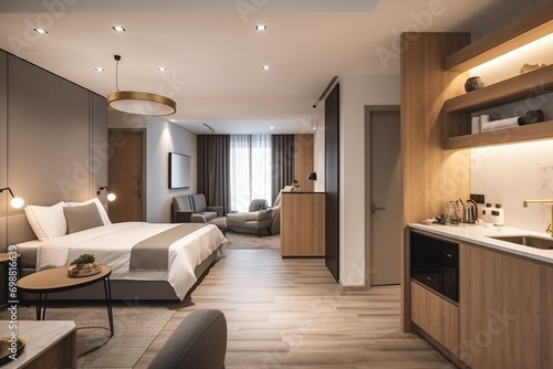Hotel room interior with bedroom area, living space and kitchen