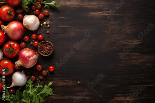 Ingredients for making tomato salsa on black wooden background. Traditional mexican sauce. Tomato, basil, spices, chili pepper, onion, garlic. Vegan diet food concept. Top view with copy space
