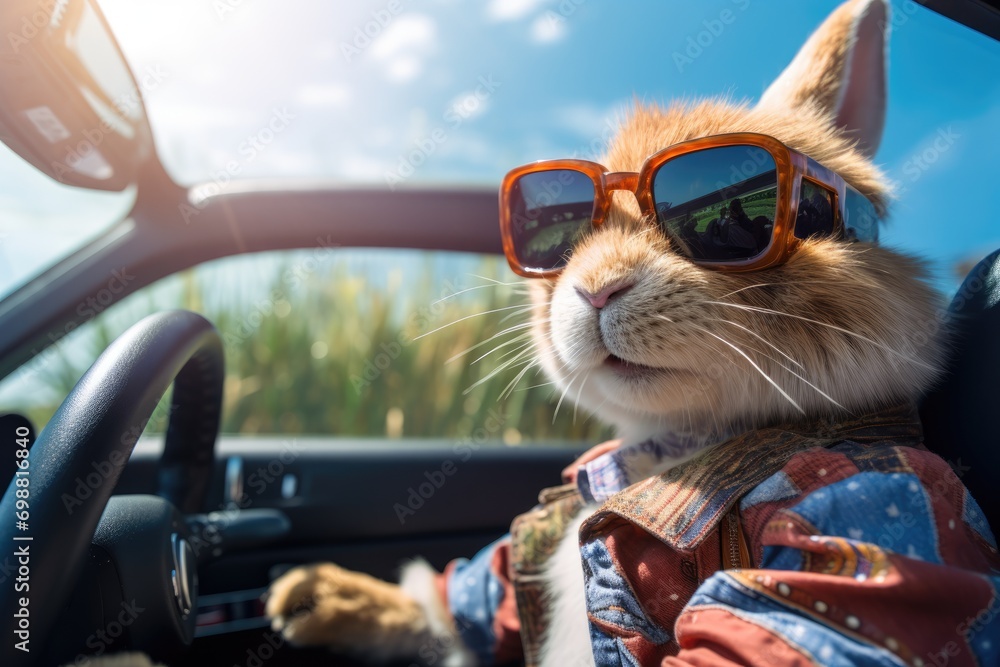 Cool Easter bunny in a car delivering Easter eggs. - obrazy, fototapety, plakaty 