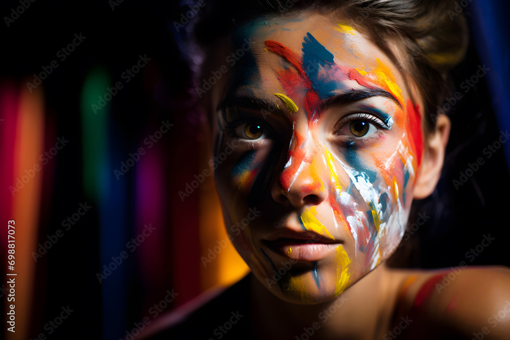 Woman's face painted with colorful strokes of paint. She is a young actress or a performer, looking into the camera with her expressive hazel eyes. In the background a blurred multicolor curtain.