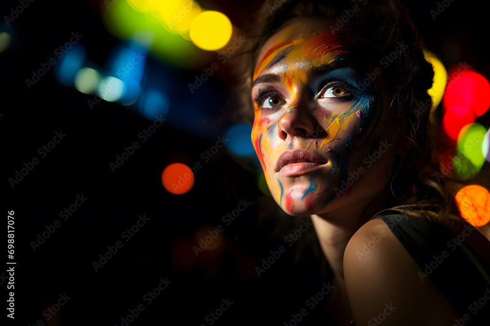 Beautiful female model or actress with face painted with colorful paint. She looks up, illuminated by a stage light creating a dramatic contrast with the black background with multicolor lights. Beautiful female model or actress with face painted with colorful paint. She looks up, illuminated by a stage light creating a dramatic contrast with the black background with multicolor lights.